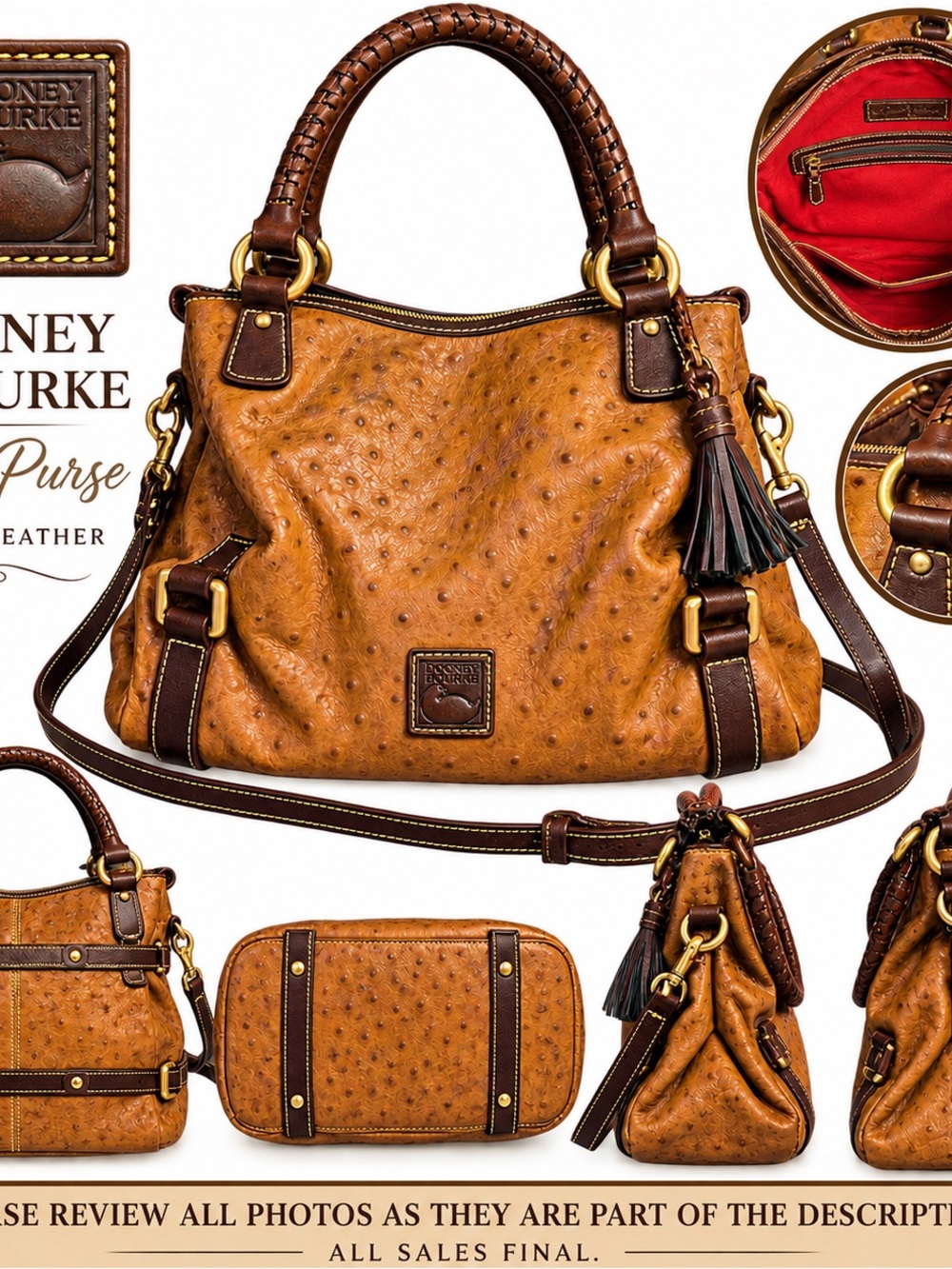 Dooney & Bourke Large Ostrich Embossed Leather Satchel – Cognac Brown